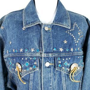 Vintage 80s Freego Blue Denim Western Trucker Jean Jacket S Studded Stars Concho